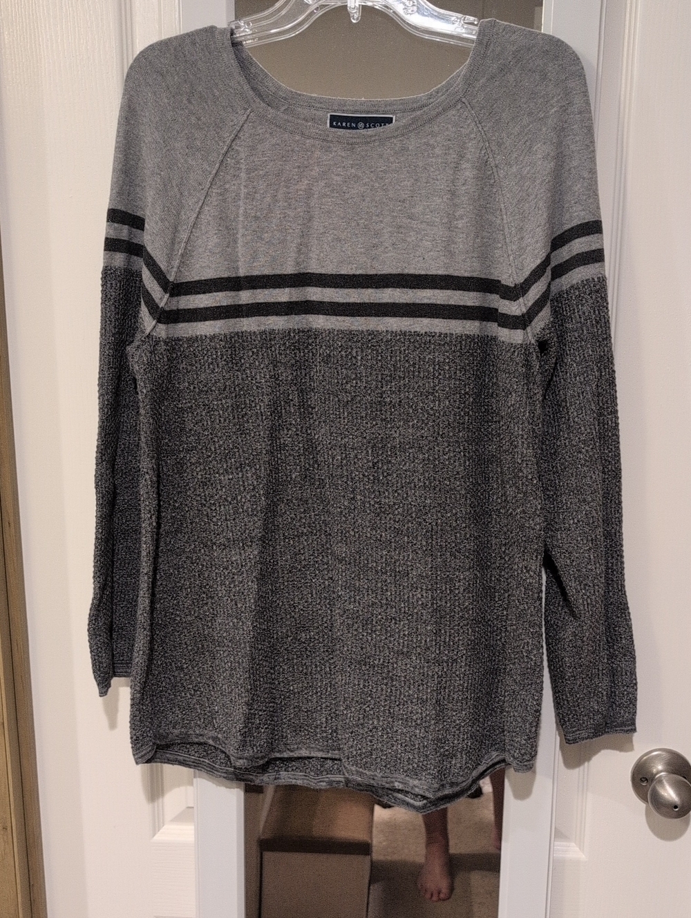 Karen Scott Two-Tone Gray Crewneck Sweater with Stripe Detail